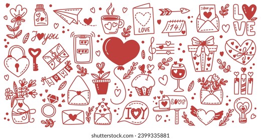 Hand drawn big set of elements for Valentine's day, birthday, wedding. Outline icons on theme of love, romance, February 14 in  doodle style. For banner, card, cover, poster, wallpaper, packaging