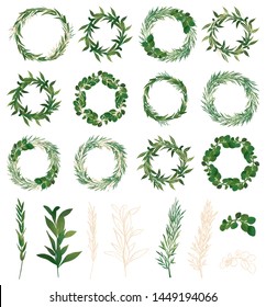 Hand drawn big set of greenery on isolated background. Sketch of green and rose golden herbs, wreaths, twigs and leaves in aquarelle style. Free hand vector watercolor.