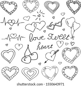 hand drawn big set hearts for valentines day. doodle heart collection. Decor elements, stickers, cards, invitations. wedding, love, balls, cherry glasses cardiogram arrow lettering