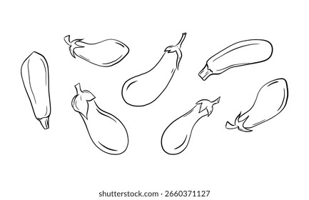 Desenhado à mão grande conjunto de ilustração, abobrinha de arte de linha isolada e berinjela, delinear ícones de legumes para design de produtos orgânicos, embalagem ecológica, livro de coloração de educação e ingrediente alimentar