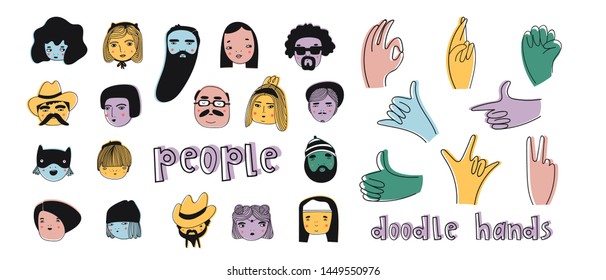 Hand drawn big set of people faces and popular hand gestures. Perfect for social media, websites, avatars. Trendy icons collection. Vector illustration. All elements are isolated