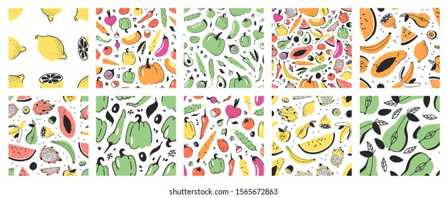 Hand drawn Big set of seamless patterns with vegetables and fruits. Vector artistic drawing food. Vegan illustration meal