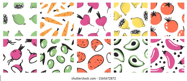 Hand drawn Big set of seamless patterns with vegetables and fruits. Vector artistic drawing food. Vegan illustration meal