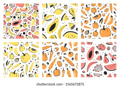 Hand drawn Big set of seamless patterns with vegetables and fruits. Vector artistic drawing food. Vegan illustration meal