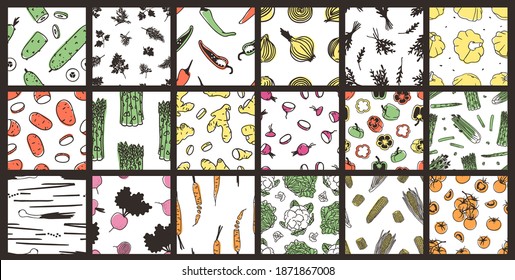 Hand drawn Big set of seamless patterns with vegetables and fruits. Vector artistic drawing food. Vegan illustration meal