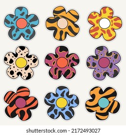 Hand drawn big set spring and summer flowers with patterns. Cute retro design icons in bright colors for stickers, labels, social networks.