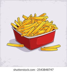 Hand drawn big sized red box full with unhealthy but tasty fried yellow French fries ready to eat 