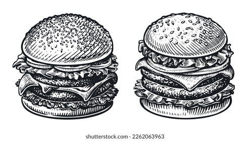 Hand drawn big tasty burger in sketch style. Hamburger, cheeseburger vector illustration