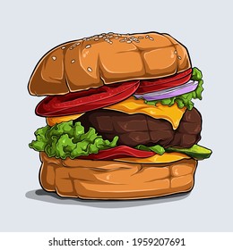 Hand drawn of Big tasty and delicious hamburger with cheese, beef, tomato, onion and lettuce 