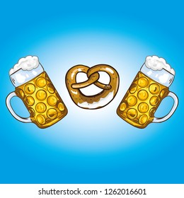 Hand drawn big traditional Oktoberfest beer glasses with banner and and bavarian flag. toast, prosten, gold, foam, card, celebration, beer, vector, isolated.