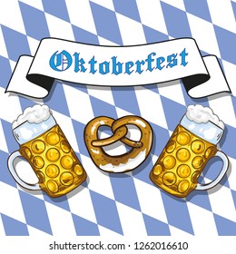 Hand drawn big traditional Oktoberfest beer glasses with banner and and bavarian flag. toast, prosten, gold, foam, card, celebration, beer, vector, isolated.