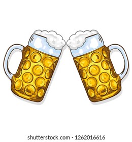 Hand drawn big traditional Oktoberfest beer glasses with banner and and bavarian flag. toast, prosten, gold, foam, card, celebration, beer, vector, isolated.