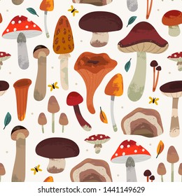 Hand drawn big vector set of mushrooms: shiitake, truffle, chanterelle, champignon, enokitake, honey fly agaric, oyster mushroom. Colored trendy illustration. Stamp texture. Seamless pattern