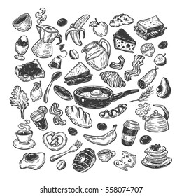 Hand drawn big vector set with breakfast and morning elements. Vector breakfast food, meal and drinks. Eggs, bacon, coffee, sweets.