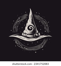 Hand drawn big wizard hat with magic effect and spiral emblem.