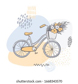 Bici dibujada a mano con flores.  Ilustración de esbozo del vector