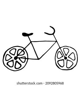 Handgezeichnetes Fahrrad, ein Element, einzeln auf weißem Hintergrund, Zitronenscheiben anstelle von Rädern