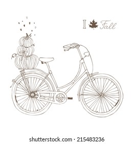 hand drawn bike with pumpkins and hearts, I love fall
