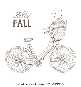 hand drawn bike with pumpkins and hearts, hello fall