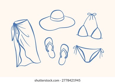 Hand drawn bikini and beach accessories mini set in minimal line style. Summer swimwear elements isolated on neutral background. Perfect for fashion and vacation design.