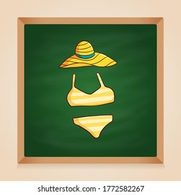 hand drawn bikini and beach hat on green chalkboard background