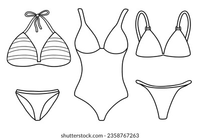 conjunto de bikini dibujado a mano. doodle de arte de la línea bikini negro aislado en fondo blanco.