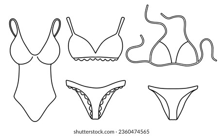 hand drawn bikini set. bikini Line art  doodle black isolated on white background.