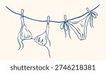 Hand drawn bikini, summer beach accessories dried on a rope. Chalk drying swimsuit. Bra and panties underwear laundry on the clothesline. Vector vacation illustration in ink doodle line art style.