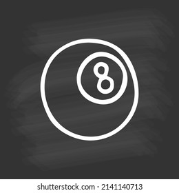 Hand drawn Billiard Ball No.8 on chalkboard. White outline on black background. Cute element in doodle style for card, social media banner, sticker, decoration kids playroom. Vector illustration.