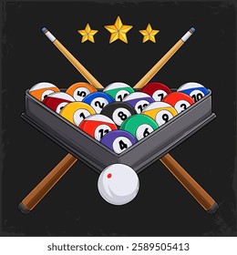 Hand drawn billiard eight balls rack with cues and white ball ready to break on a pool club 