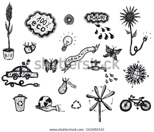 Hand Drawn\
Bio And Ecology Icons/ Illustration of a set of hand drawn spring\
or summer environment friendly and green ecological icons elements,\
including tools, plants and\
flowers