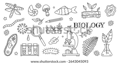 Hand drawn biological elements, molecules, animals and plants. Icons for biology lesson in doodle style for cover design, notebooks, textbooks, notepads. School poster or banner for biology lesson