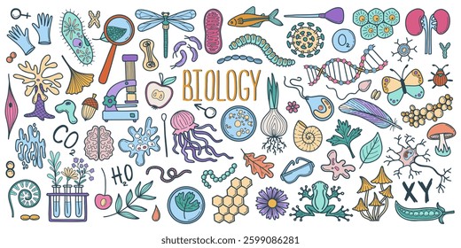 Conjunto de doodle biológico desenhado à mão. Ilustração vetorial de conceito de ciência.