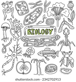 hand drawn biology doodles icon science education illustration set