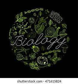 Diseño biológico dibujado a mano de neón verde con letras blancas en un fondo negro en forma de círculo. Ilustración vectorial editable. Tipografía científica. Me encanta el concepto de biología