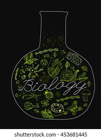 Hand drawn biology pattern with neon green biological drawings on a dark gray textured background. Editable vector illustration. Scientific typography. I like biology concept