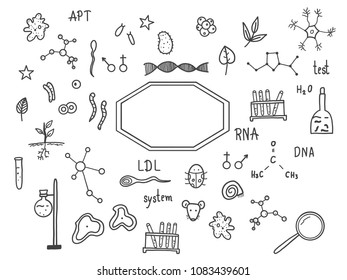 Hand drawn of Biology science theory doodle set and tool model icon, vector illustration design.