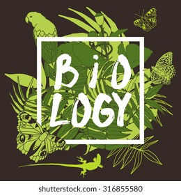 Hand drawn Biology set - parrot, palm leaves, poppy, butterfly, lizard. Vector illustration