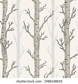 Hand drawn birch tree seamless, repeat, vector, pattern, birch forest pattern. Forest pattern good for fabric, wallpaper and more.