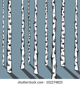 Hand drawn birch trees on blue