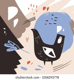 Hand drawn bird, abstract painting. Scandinavian art. Clipart, vector illustration, single elements.