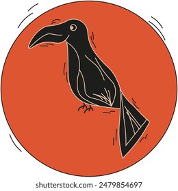 Hand Drawn Bird against orange Sun solated white background. Woodcut style Toucan. Simple engraving vector Bird can used t-shirt print, card cover design. Editable stroke.