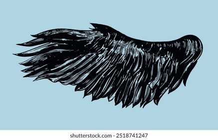 Hand drawn bird or angel wing. Vector doodle wing black silhouette. Bird wing painted with dry brush on canvas. Wing sketch vector illustration.