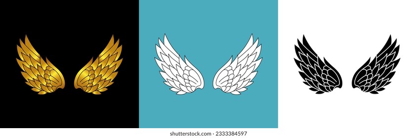Hand drawn bird or angel wings with different style and color design. Vintage heraldic wings sketch vector illustration