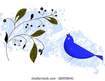 Hand drawn bird with  branch. Vector illustration.