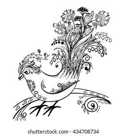 Hand drawn bird. Branches, leaves and berries, flowers, buds. Bouquet. Contour drawing. Vector illustration. 

