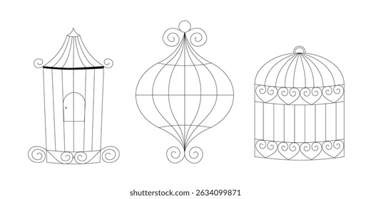 Gaiola de pássaro desenhada à mão doodle coleção de arte de linha de gaiolas de metal simples para aves ilustração de esboço de vetor para animais de estimação alojamento decoração minimalista vintage