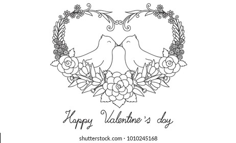 Hand drawn bird couple sitting on hearted shape wreath. Vector artwork. Black and white. Coloring book pages for adults and kids. Happy Valentines day card. Vector illustration