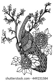 Hand drawn bird - Crowned peacock on a branch of a blossoming tree. Coloring page.