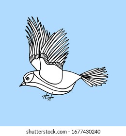 Hand drawn bird in doodle style. The bird is flying isolated on light blue. Vector doodle illustration for cards, design, fabric, textile, coloring book.
